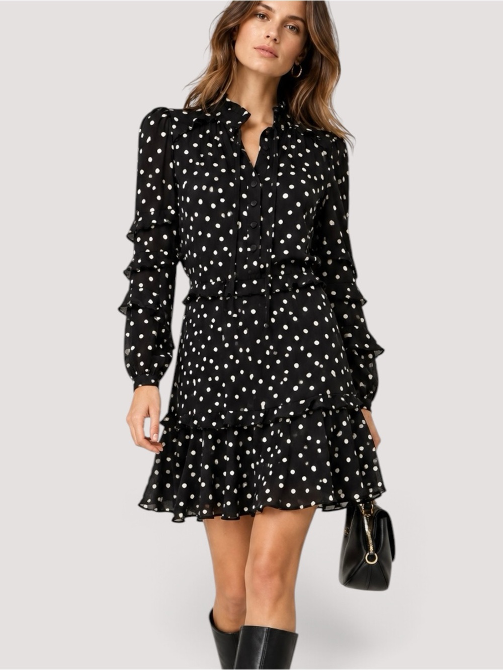 Pinko Piccadilly Polka Dot Ruffle Dress Black White Italian Design US Size 4
